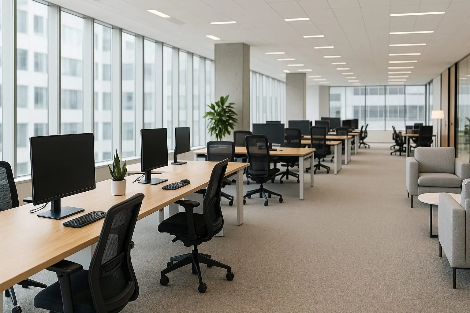 Oficina corporativa impecable con estaciones de trabajo ordenadas