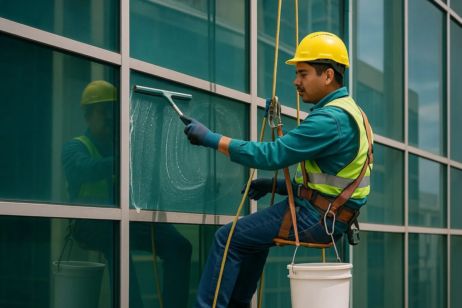 Técnico limpiando vidrios de altura con descenso controlado